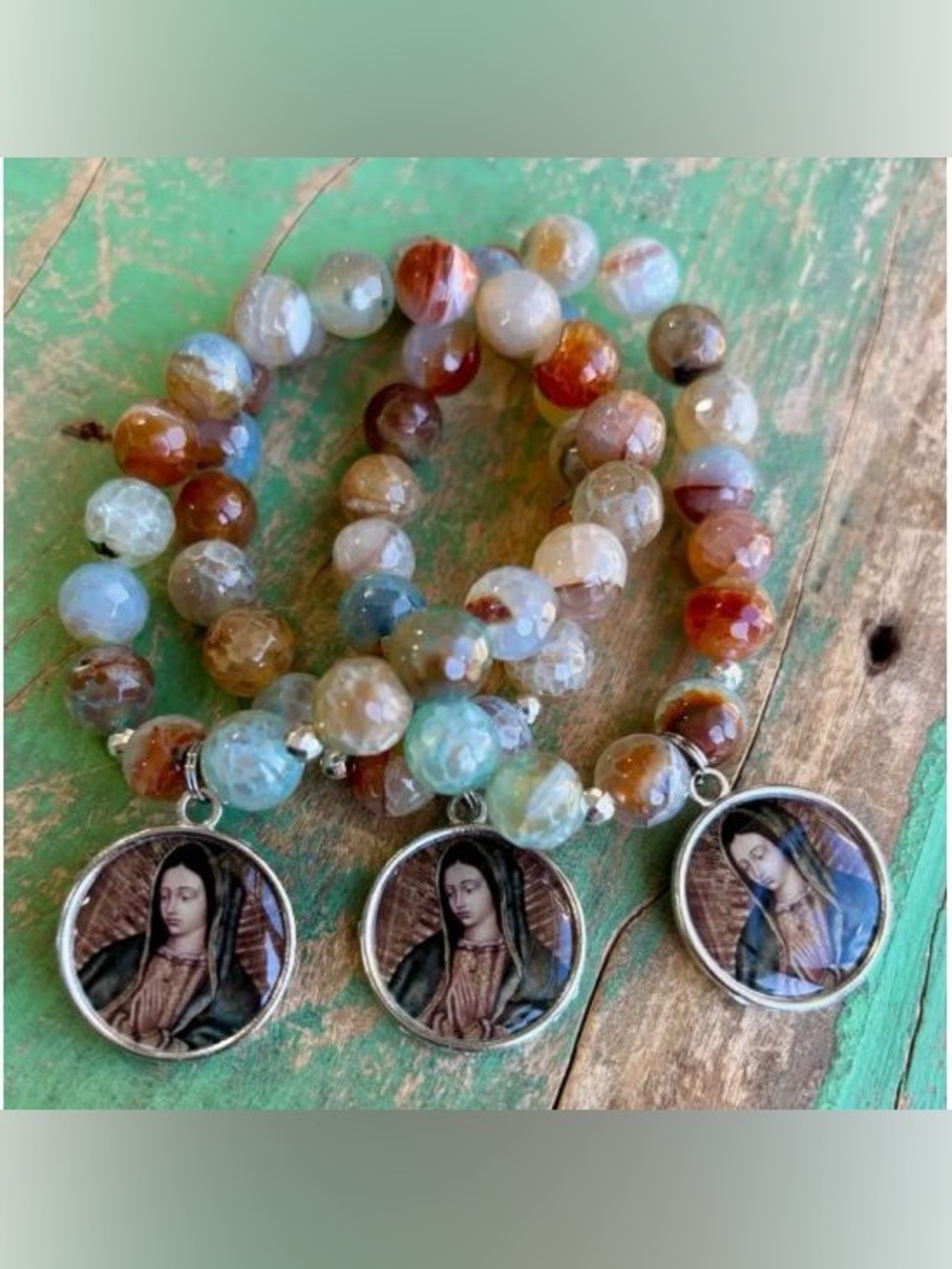 BRAND NEW WITH TAGS Agate Beaded Guadalupe Medal Bracelet